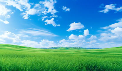 Field of green fresh grass under blue sky