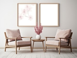 Interior design of modern living room with two armchairs and big frame poster generative ai