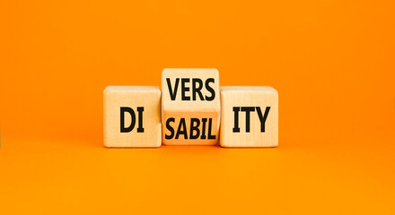 Wall Mural - DEI Diversity or disability symbol. Concept words Diversity disability on wooden block. Beautiful orange table orange background. Business diversity disability concept.