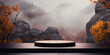 Leinwandbild Motiv Empty round black podium on a stone platform with a blurred background of autumn forest and fog in cloudy weather. For product display.
