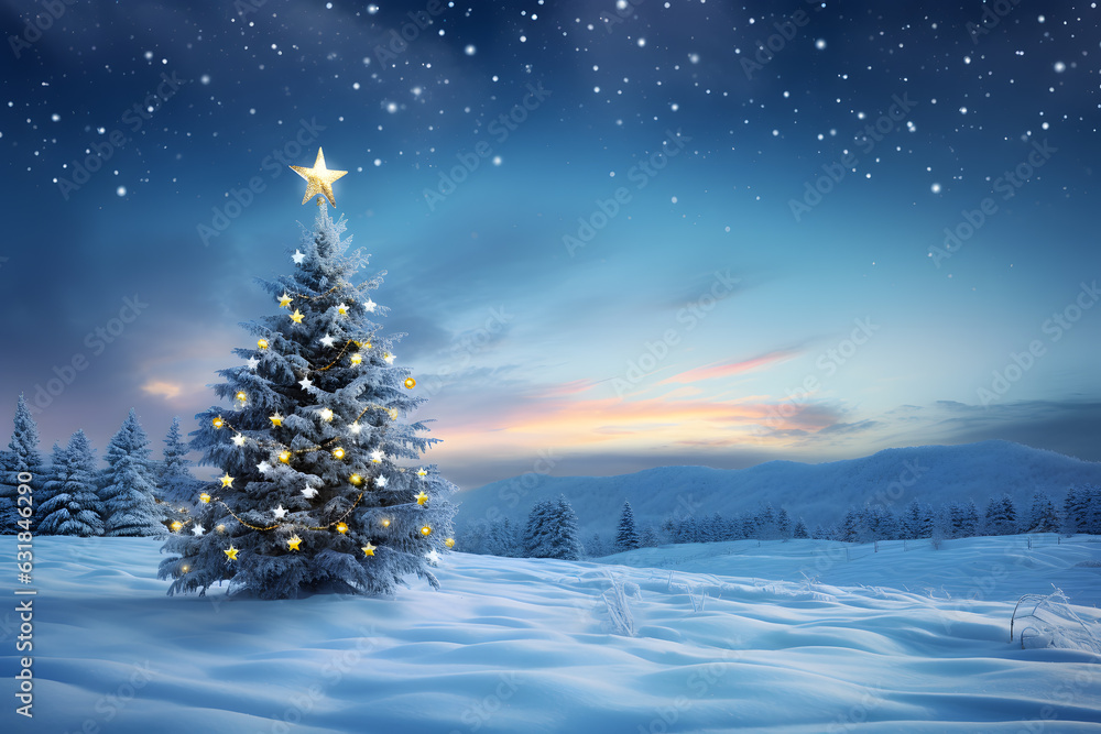 Snow scenery of winter wonderland with shining christmas tree Stock ...
