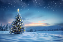 Snow Scenery Of Winter Wonderland With Shining Christmas Tree