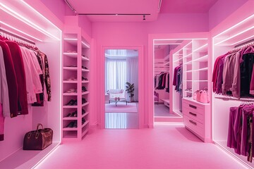 luxury fashionable doll like interior. dressing room in pink colors. wardrobe-room.