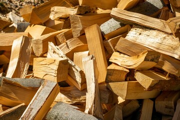 Poster - Closeup of a collection of cut logs resting on the ground in a natural outdoor setting