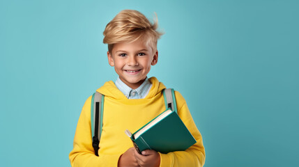 Cheerful happy young small schoolboy holding books smile and standing in front of isolated blue background.Created with Generative AI technology.