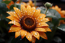 Closeup A Beautiful Yellow Sunflower Drenched With Rain Drops.
