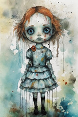 Wall Mural - creepy horror doll. watercolor design. generative AI