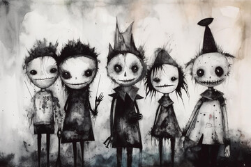 abstract painting of creepy horror puppet family in watercolor, black and white. Generative AI