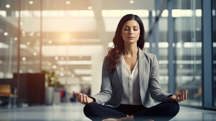 Canvas Print - Young businesswoman does yoga at work in the office. Created with Generative AI technology.