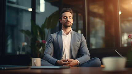 Poster - Young businessman does yoga at work in the office. Created with Generative AI technology.