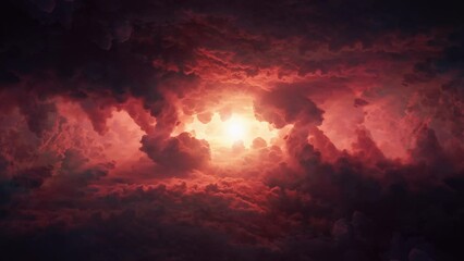 Wall Mural - 3d rendered animation of a dark red portal surrounded by big red clouds