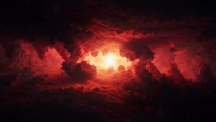 Wall Mural - 3d rendered animation of a dark red portal surrounded by big red clouds