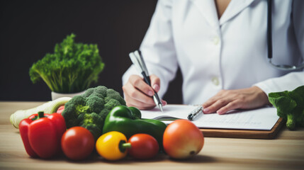 Wall Mural - Nutritionist giving consultation to patient with healthy fruit and vegetable.Nutrition and diet concept