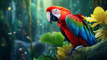 Colorful Portrait Of Amazon Red Macaw Parrot Against Jungle. Side View Of Wild Ara Parrot Head On Green Background. Wildlife And Rainforest Exotic Tropical Birds As Popular Pet Breeds