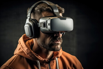 Aufkleber - Young man wearing vr headset, Testing new technologies.