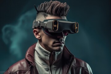 Aufkleber - Happy young man using virtual reality glasses, Trying a VR device.