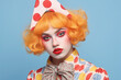 Woman dressed up with clown costume on pastel background