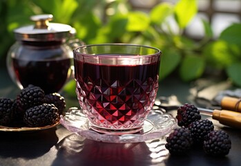 Wall Mural - Blackberry juice fresh in a glass on an table and blur background