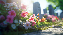 Generative AI, European Cemetery, Gravestones, Stone Tombstones, Burial, Green Grass, Funeral, Flowers