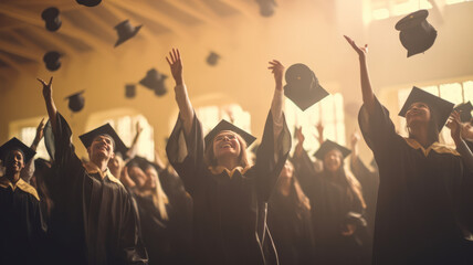 Wall Mural - photograph of Graduate are celebrating graduation Throwing hands up a certificate and Cap in the air. wide angle lens realistic natural lighting