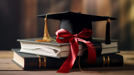 Wall Mural - photograph of A mortarboard and graduation scroll, tied with red ribbon, on a stack of old battered book with empty space to the left. telephoto lens realistic natural lighting