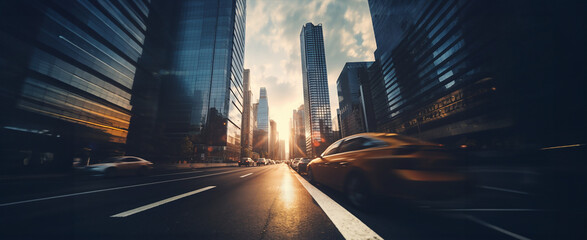 Wall Mural - street view with skyscrapers in the sunset. cars on the wide sunlit lanes of the street. image made 