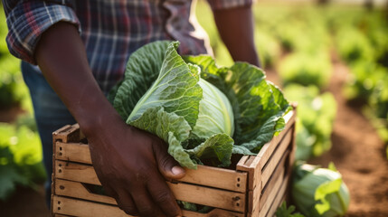 Canvas Print - Farmer is harvesting cabbage from the field.