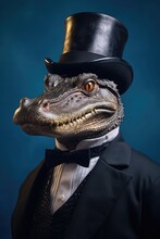Portrait Of Crocodile In Classic Formal Suit With Top Hat And Bow Tie. AI Generative Art