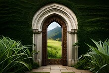 Door To The Garden Surrounded With Green Field, Door In The Garden, Antique Door, Large Entrance To The Garden, Entrance To The Green Field, Entrance To The Castle, 