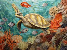 An Enchanting Wall Art Mosaic Depicting An Underwater World Teeming With Marine Creatures And Sea Turtles Swimming Gracefully Generative Ai