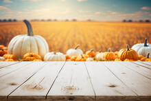 White Wooden Tabletop With Pumpkins In The Background, Ai Generated