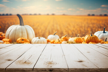 white wooden tabletop with pumpkins in the background, ai generated