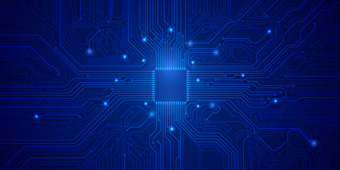 Fototapete - Circuit board digital CPU microprocessor data transferring technology futuristic. Blue scifi trace pattern scheme vector background.
