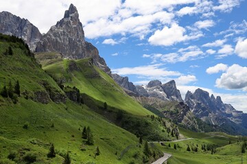 Poster - Landscape of the Dolomites under a blue sky in the Pala group in Italy