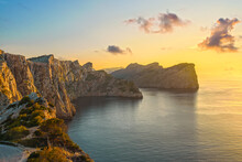 Mallorca, View Of The Rocky Coast Of The Tramuntana Mountains During Sunset