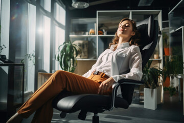 business woman with sunglasses relaxing in the office chair