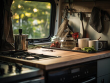 Detail Shot, Vanlife Kitchen Setup, Stainless Steel Appliances, Wooden Countertops