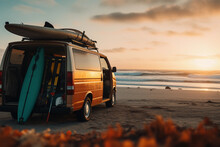 Detailed Shot Of An Open Van With Surfboards Attached, Sandy Beach In The Background, Sunset