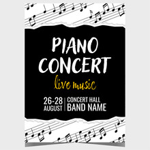 Piano Music Concert Vector Illustration For Live With White Musical Notes On The Black Background. Promo Poster Or Banner, Invitation Leaflet Or Flyer For Classical Piano Music Concert Or Festival.