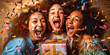 Delightful moment of three young ladies laughing joyously, revealing a gigantic 18th birthday present against a vibrant celebration backdrop. Generative AI
