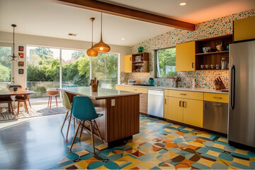 Midcentury Modern Kitchen With Colorful Accent Tiles And Retro Appliances Midcentury Modern Interior Design. Generative AI