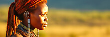 Mesmeric Maasai Warrior Woman, Rich Red Hair, Adorned In Cultural Attire, Side Pose Against Softly Blurred Serengeti Planescape. Perfect For Creative Storytelling. Generative AI