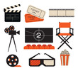 © Olexandra Simkina - Cinema elements set. Tickets, popcorn bucket, 3D glasses, clapperboard, montage tape, video camera, director chair. Vector illustration for cinema theater, film, show, movie making concept isolated