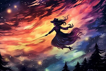 Witch Flying On A Broomstick Across A Starry Night Sky, Watercolor Style, Halloween, Generative AI