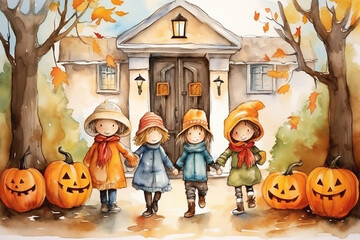 Wall Mural - Trick-or-treaters in colorful costumes going door-to-door, watercolor style, Halloween, Generative AI