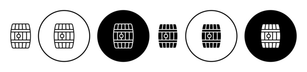 Whiskey wooden barrel icon set. wine or beer barrel vector symbol in black filled and outlined style.