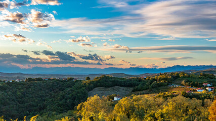 Colorful sunset in the vineyards at the border between Italy and Slovenia