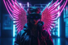Neon Wings: Mysterious Girl Stands In Front Of A Pink Winged Sign On A Dark Street