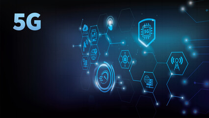 Wall Mural - 5G banner web icon for business and technology, speed, signal, network, technology, big data, Iot and traffic icons.