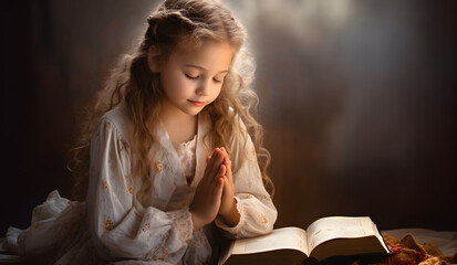Wall Mural - Cute child girl reading bible book. Worship at home.